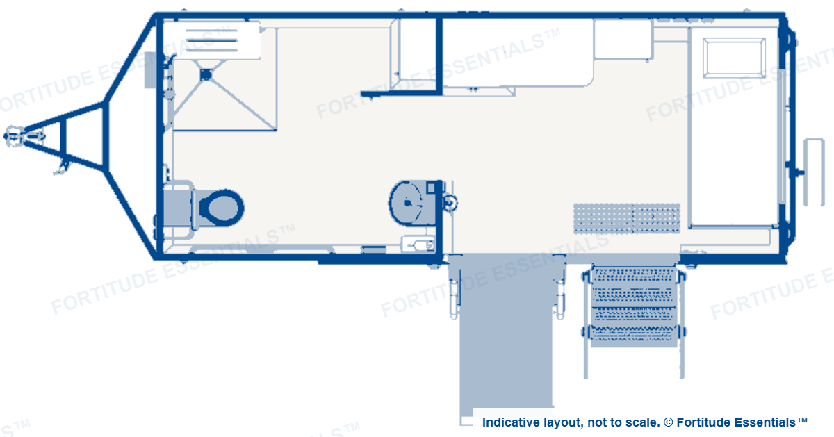 Indicative floor plan of the Mobile Access Facility showing the bathroom, living area, kitchenette, bed, platform lift entry and stair entry