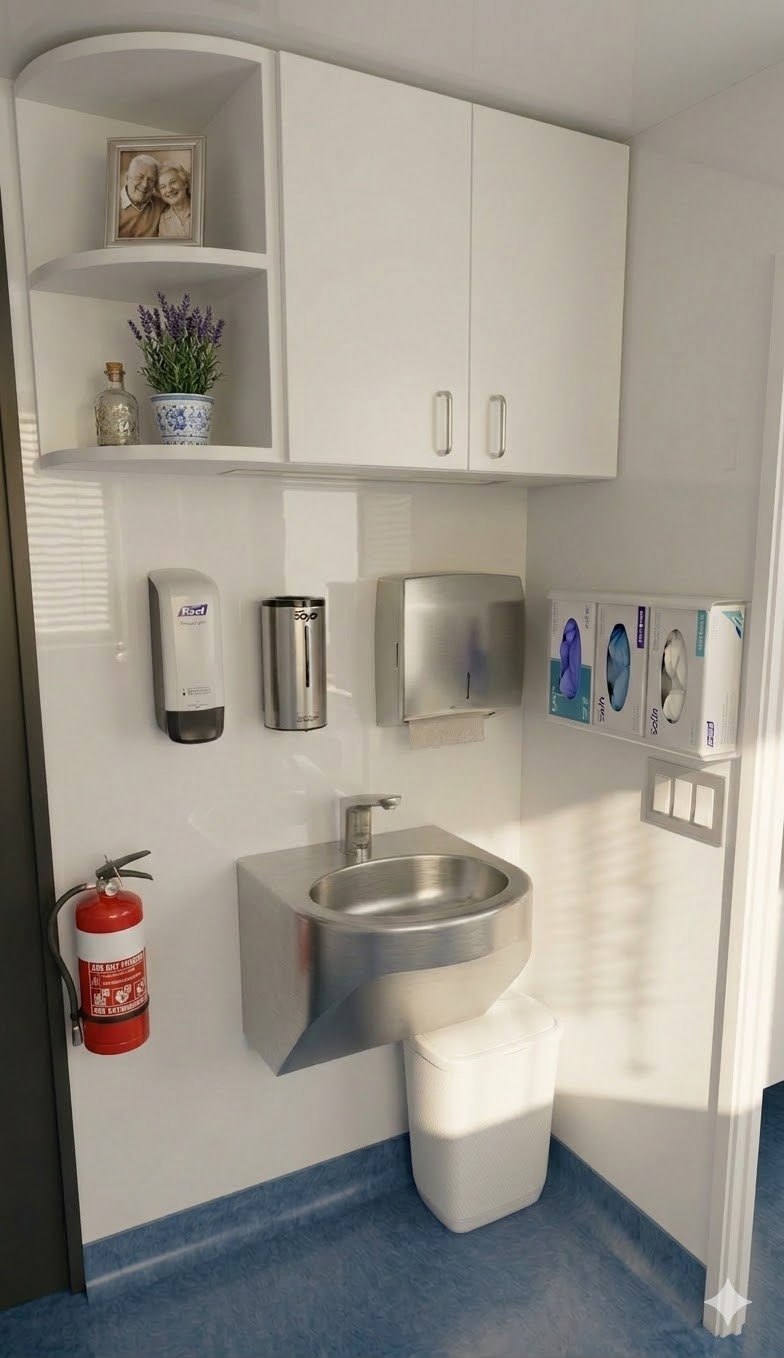 Stainless steel hand basin and dispensers inside the Mobile Access Facility