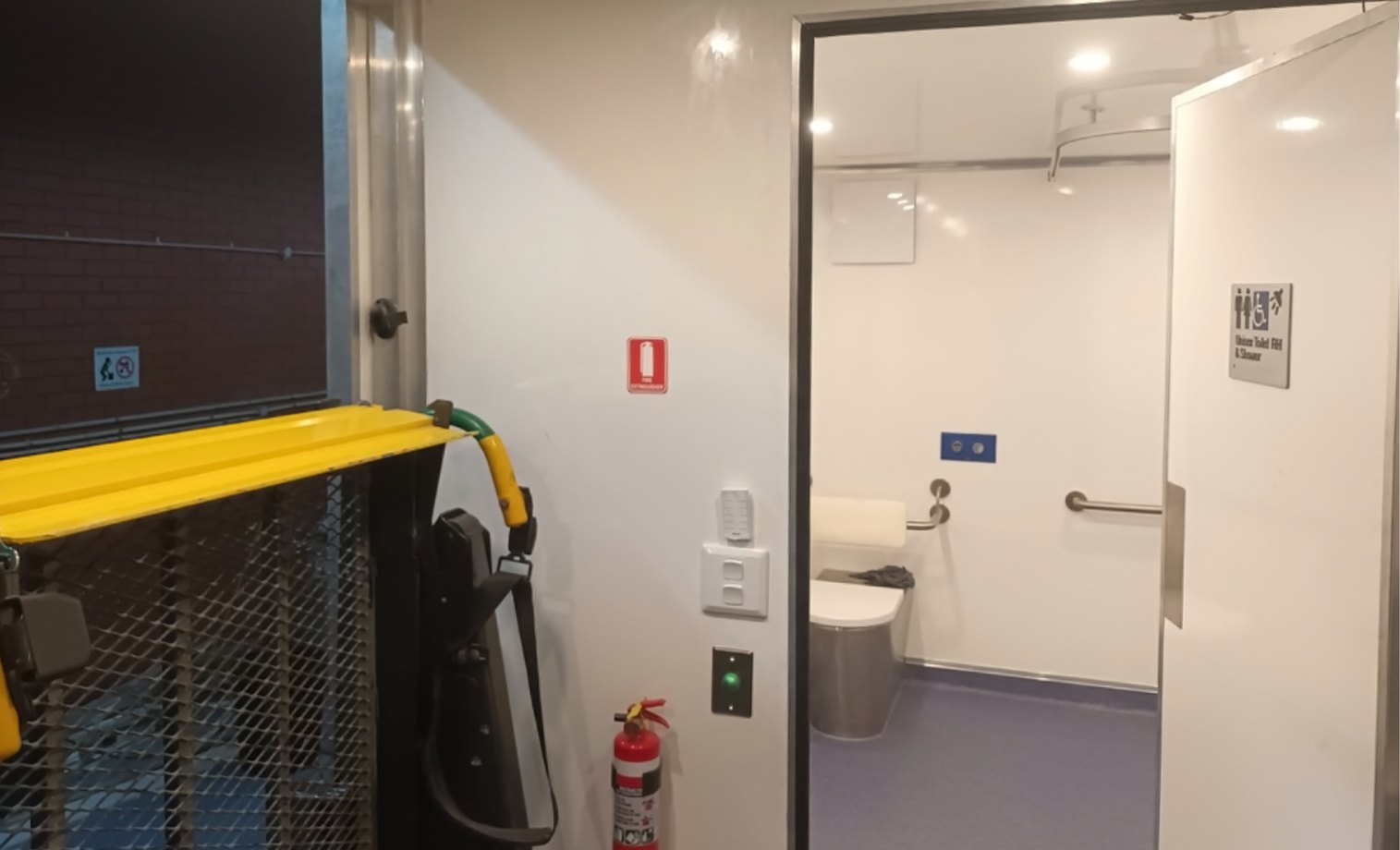 View from the platform lift into the Mobile Access Facility bathroom
