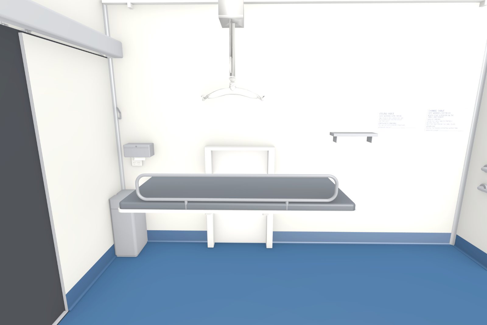 Concept image of the wall-mounted adult change table and the ceiling hoist inside the Adult Change Room pod