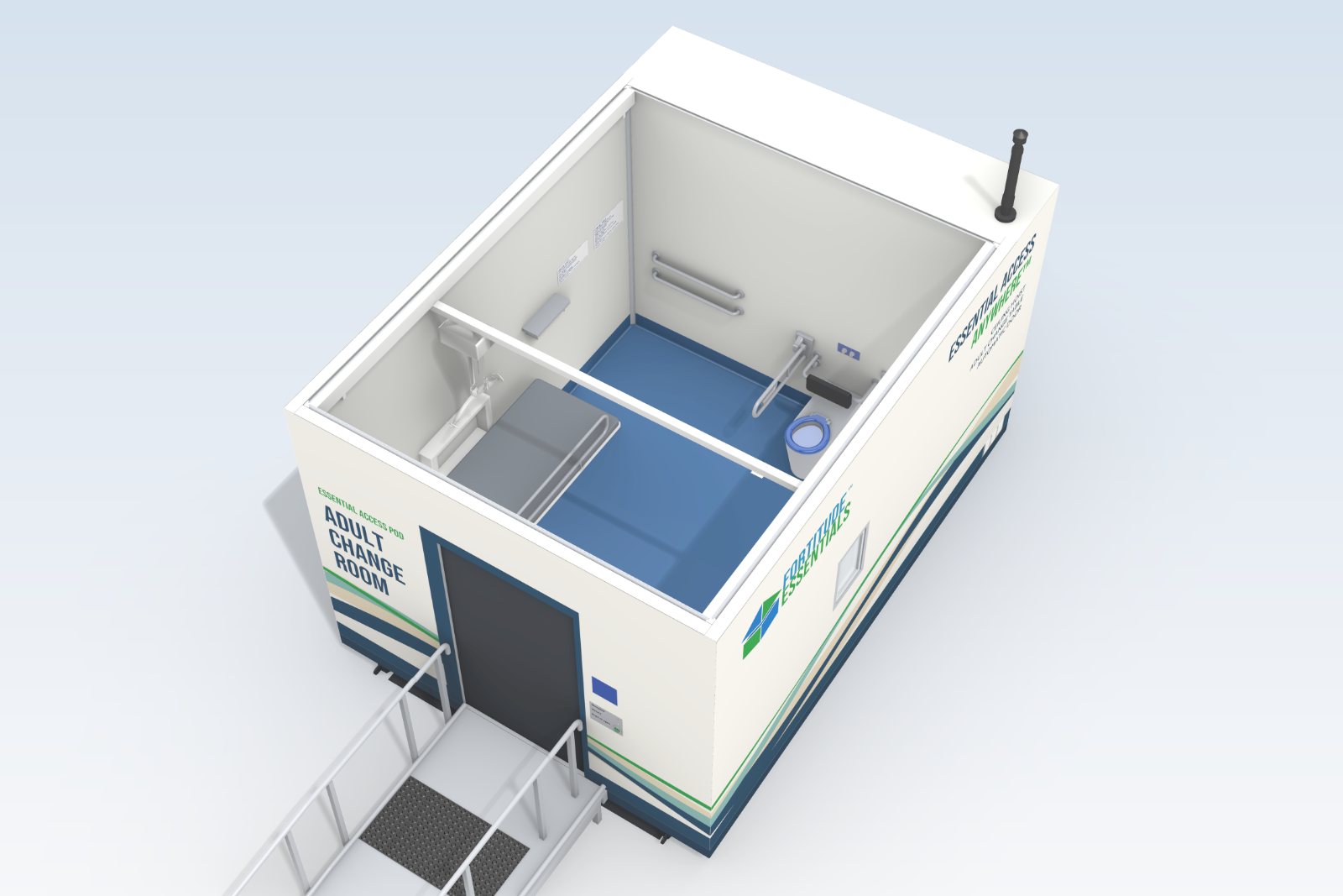 Concept image looking down into the Adult Change Room pod with the roof removed, showing the change table, ceiling hoist track, toilet, basin and the entry ramp