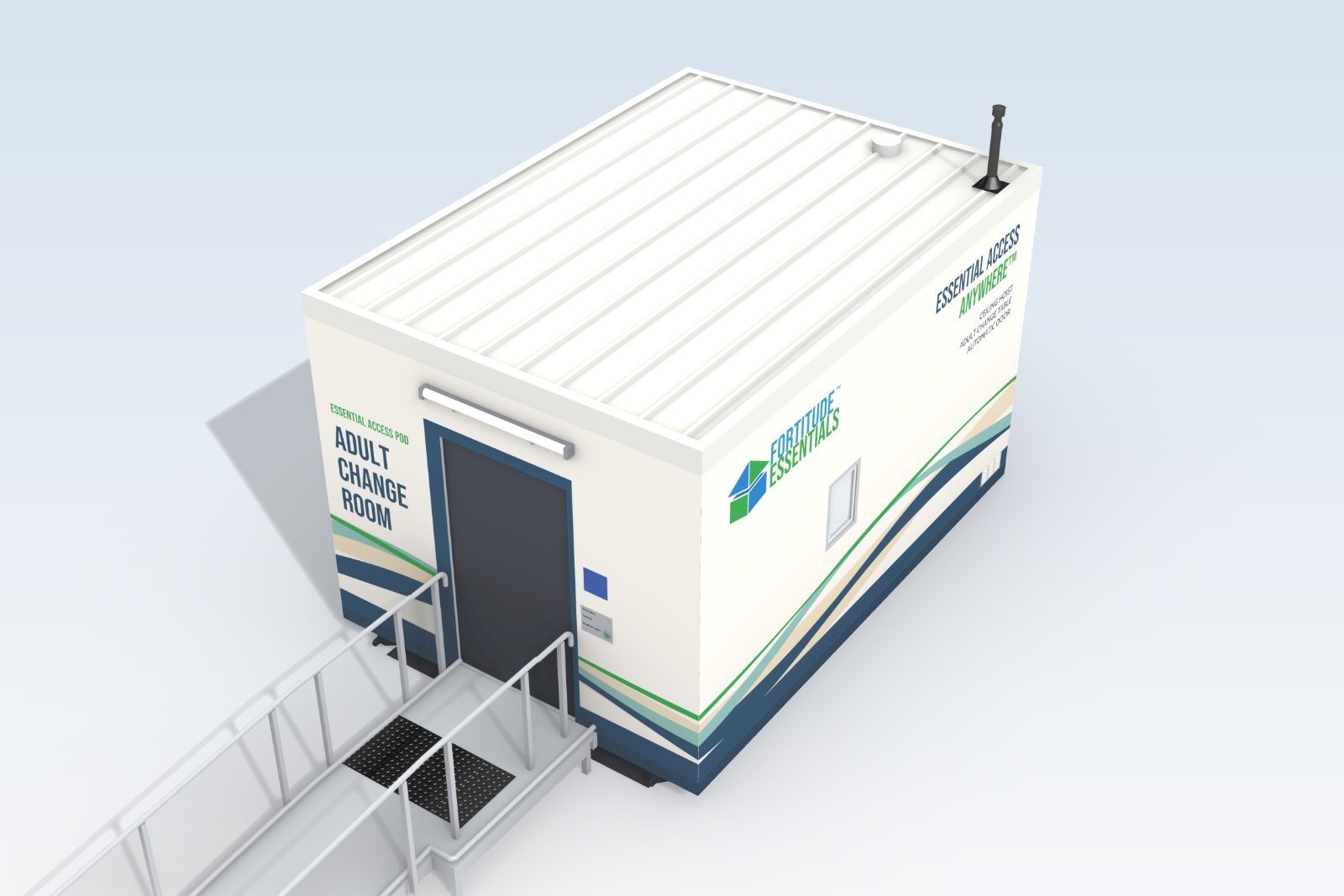 Concept image from above of the Adult Change Room pod on its pad, showing the roof, the entry ramp and the Coastal vinyl wrap