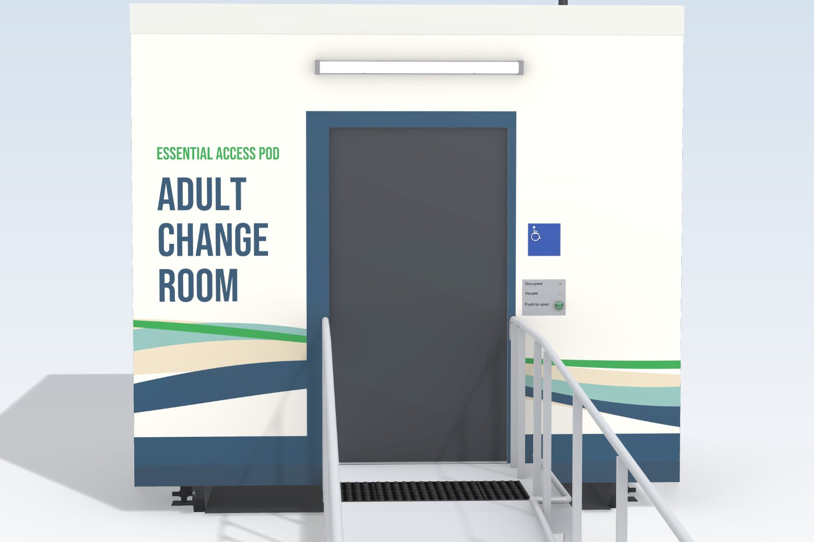 Concept image of the entry to the Adult Change Room pod, with the ramp and landing, handrails, tactile indicators, the door control panel and the room name beside the door