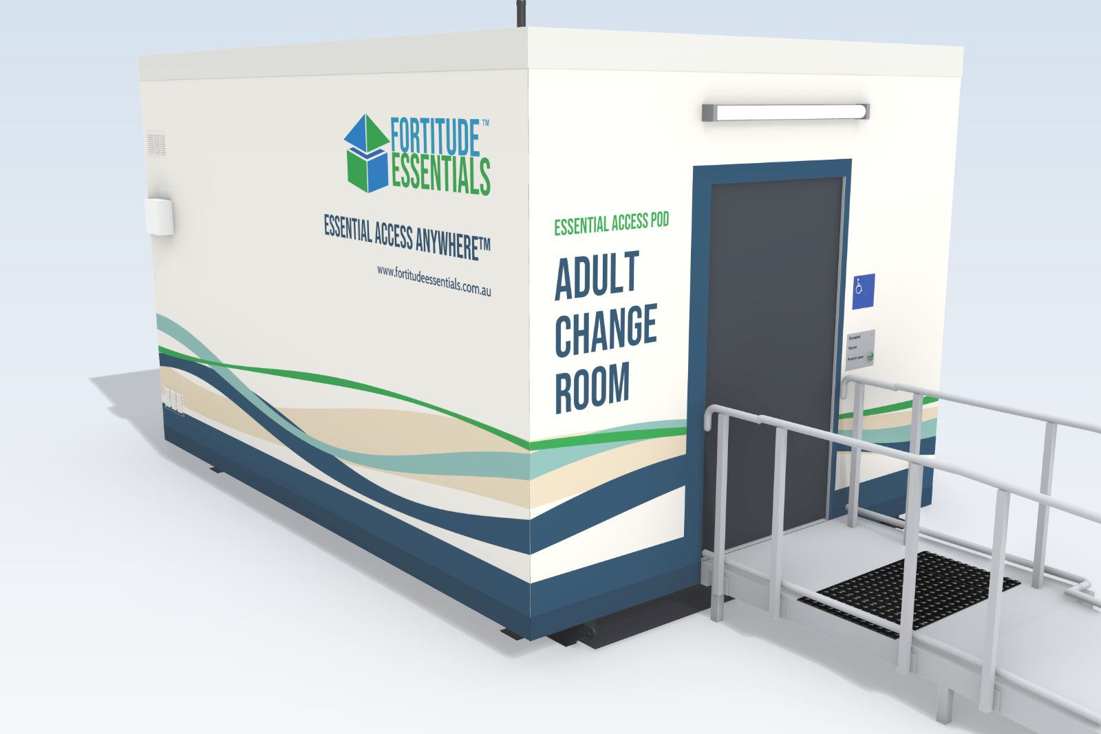 Concept image of the Adult Change Room pod from the front corner, showing the entry ramp with handrails, the automatic sliding door and the Coastal vinyl wrap