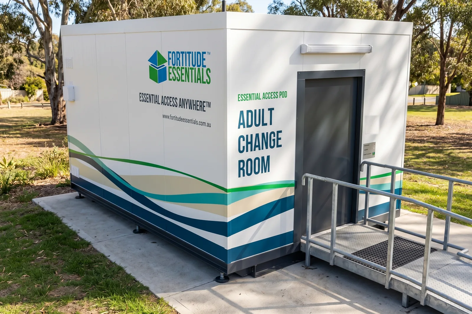 Concept image of the Adult Change Room pod from the front corner, showing the entry ramp with handrails, the automatic sliding door and the Coastal vinyl wrap