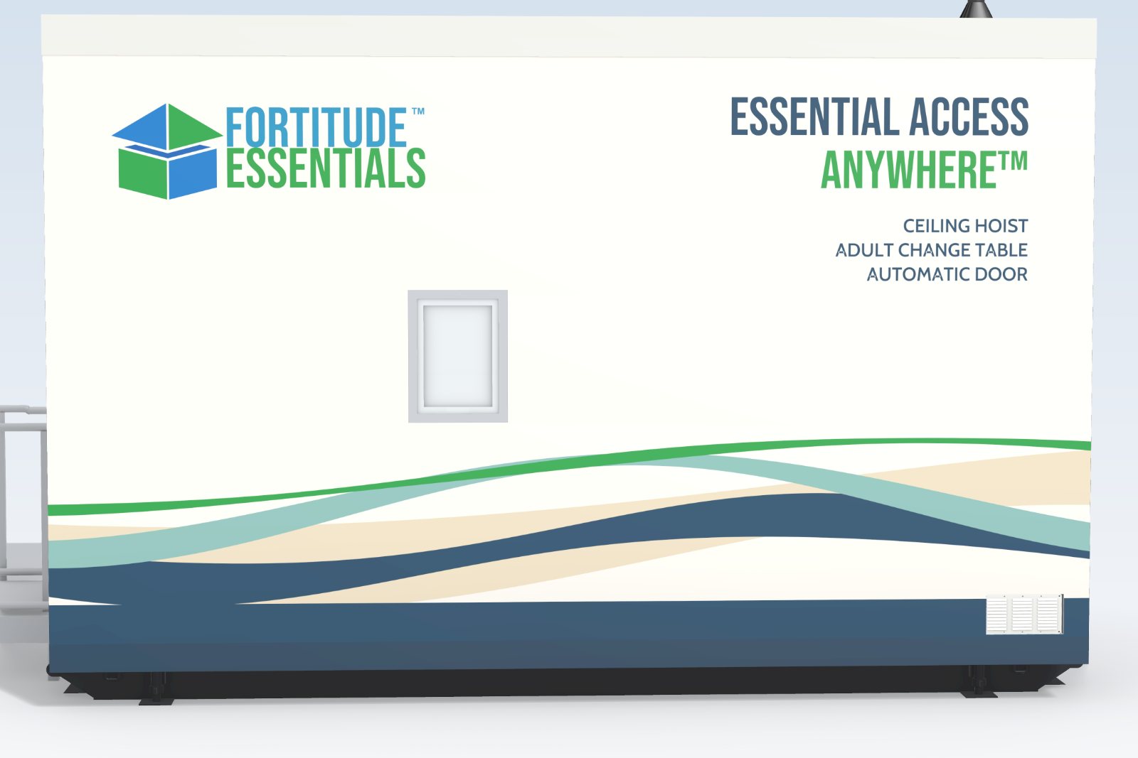 Concept image of the long side of the Adult Change Room pod, with the Fortitude Essentials logo, the Essential Access Anywhere tagline, the frosted window and the Coastal vinyl wrap