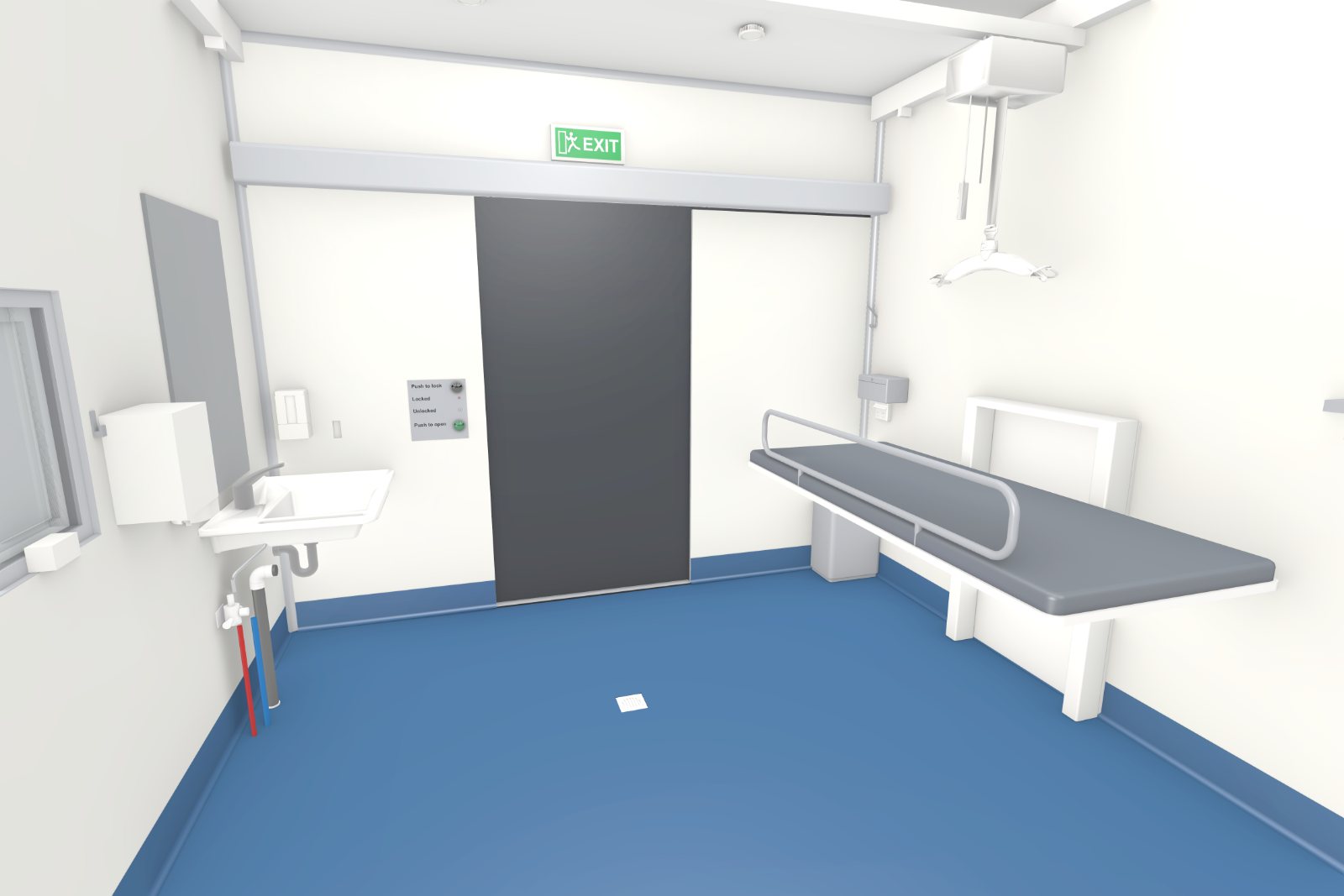 Concept image inside the Adult Change Room pod looking towards the automatic sliding door, with the adult change table, the ceiling hoist above and the basin