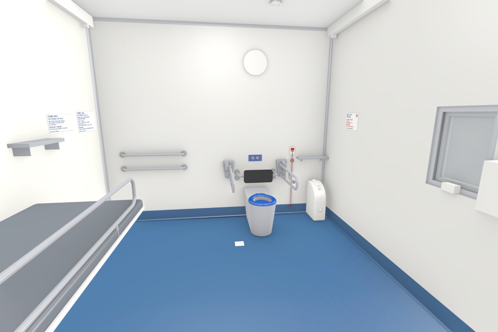 Concept image inside the Adult Change Room pod looking towards the peninsula toilet with drop-down grab rails, the frosted window and the change table