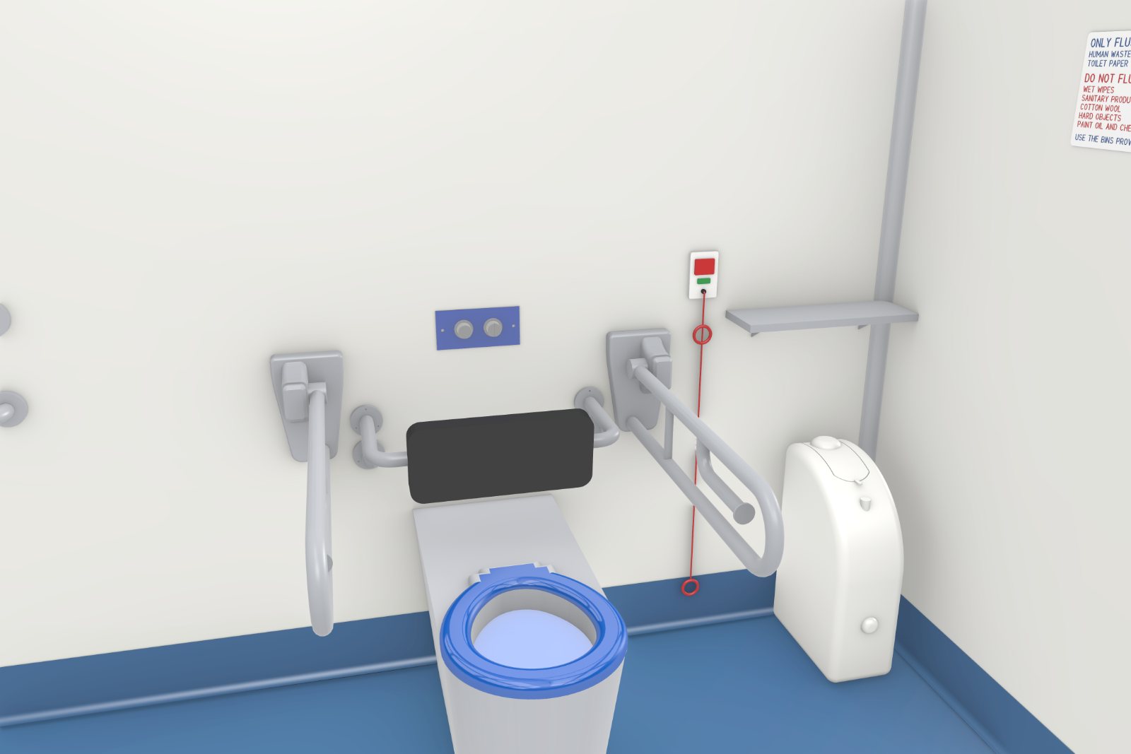 Concept image of the peninsula toilet in the Adult Change Room pod, with backrest, drop-down grab rails on both sides and the emergency call pull cord
