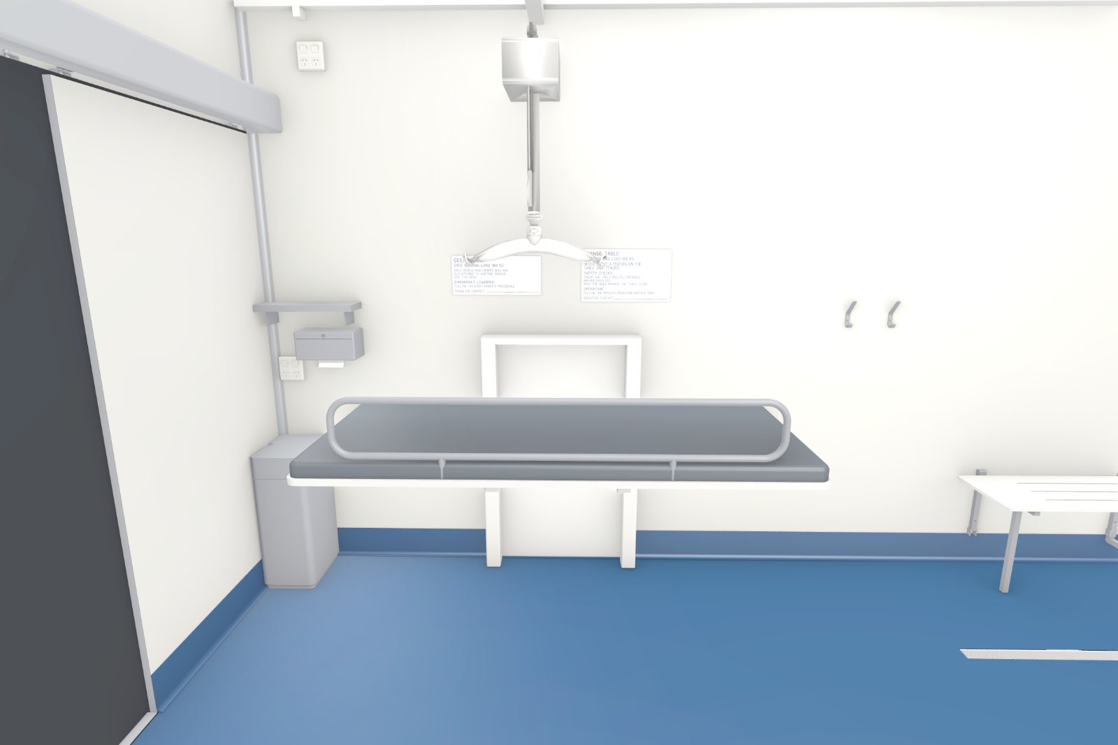 Concept image of the wall-mounted adult change table and the ceiling hoist inside the Adult Change Room + Shower pod
