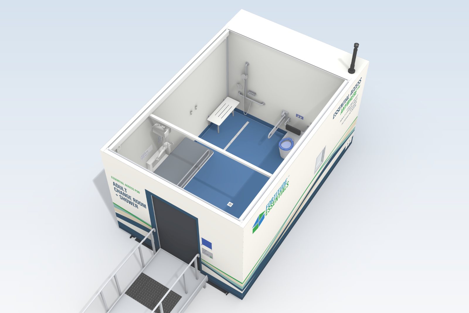 Concept image looking down into the Adult Change Room + Shower pod with the roof removed, showing the change table, ceiling hoist track, toilet, basin and the entry ramp