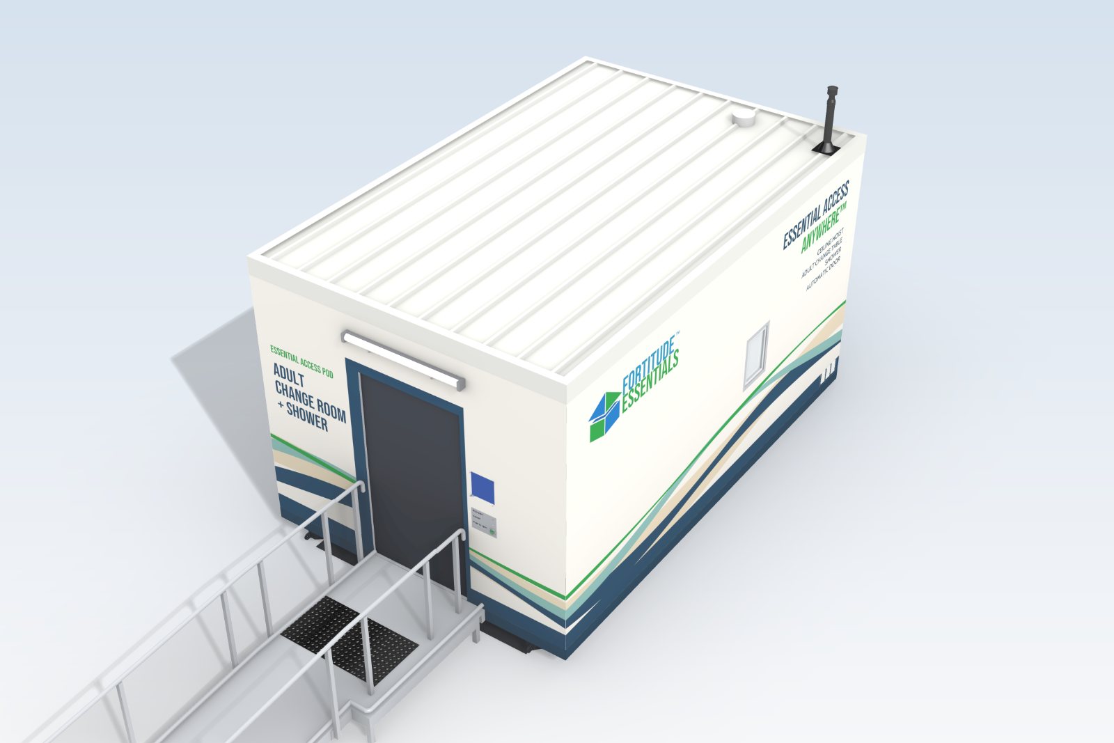Concept image from above of the Adult Change Room + Shower pod on its pad, showing the roof, the entry ramp and the Coastal vinyl wrap
