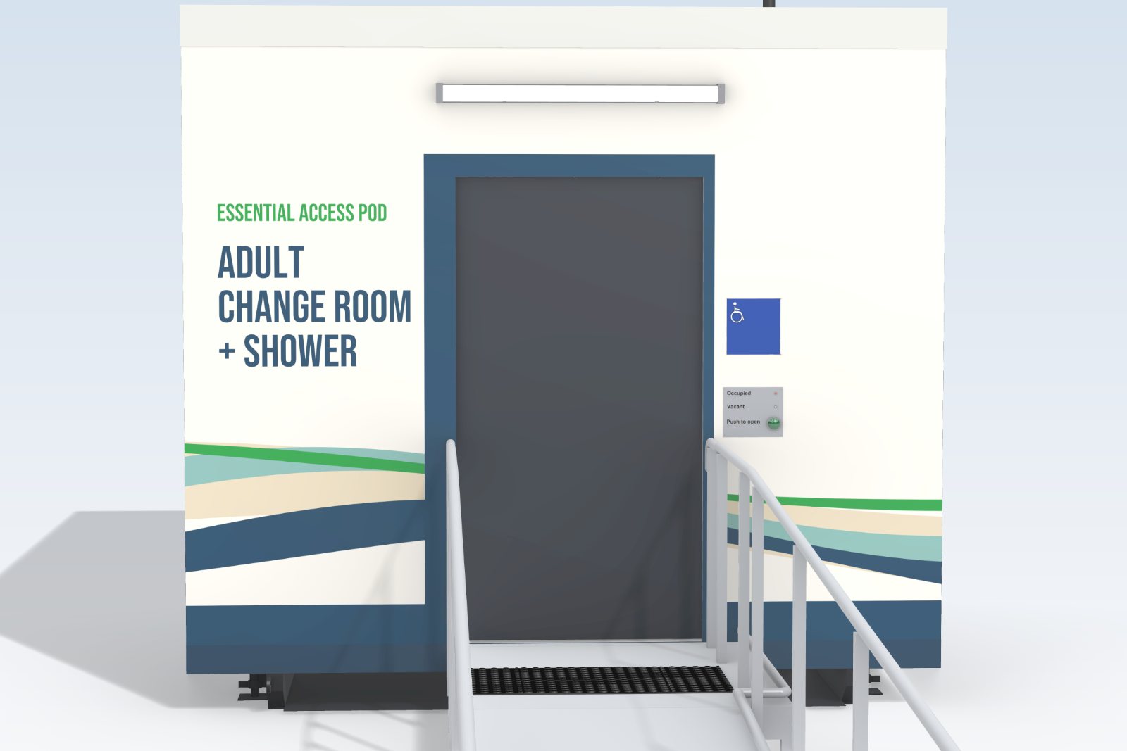 Concept image of the entry to the Adult Change Room + Shower pod, with the ramp and landing, handrails, tactile indicators, the door control panel and the room name beside the door