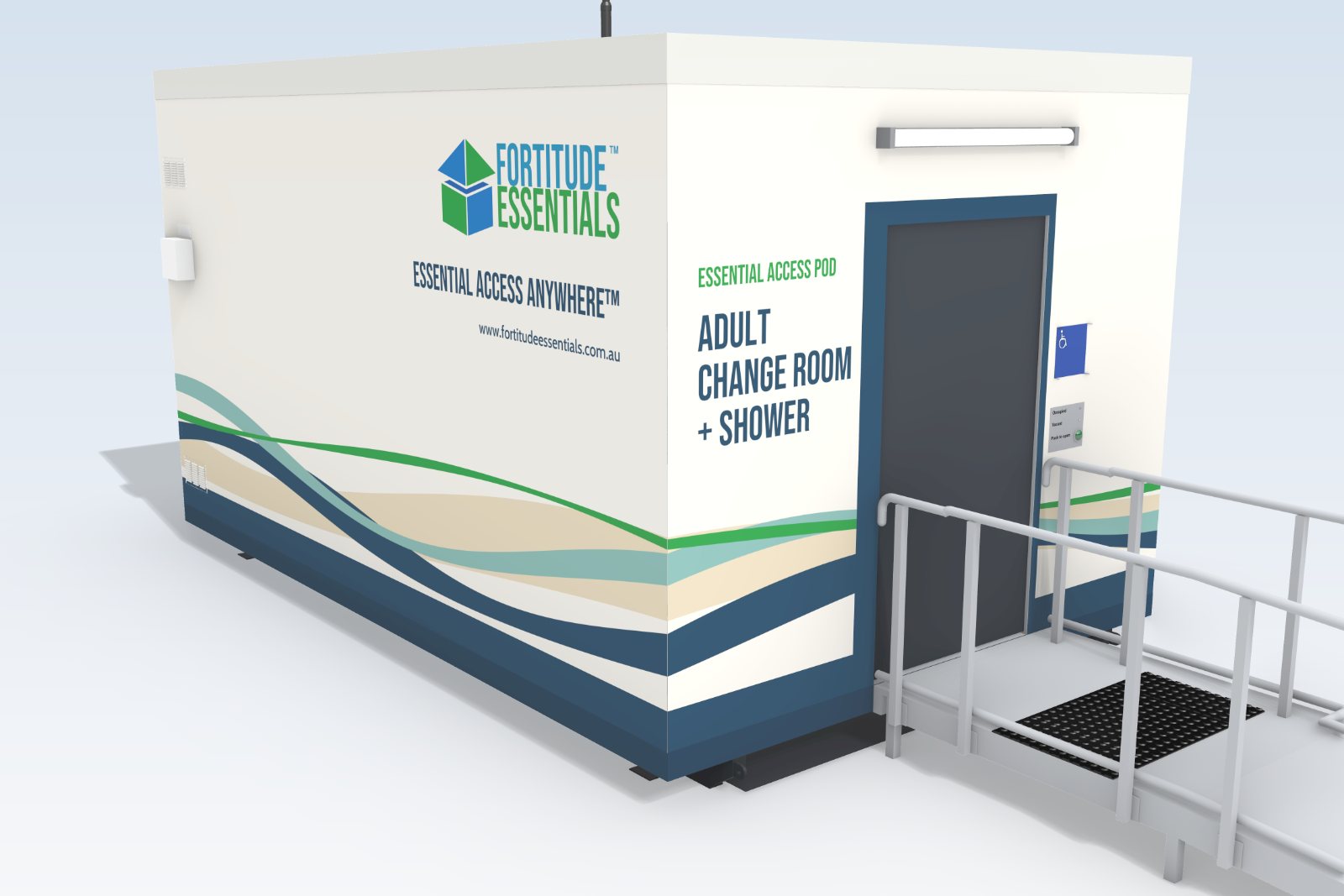 Concept image of the Adult Change Room + Shower pod from the front corner, showing the entry ramp with handrails, the automatic sliding door and the Coastal vinyl wrap