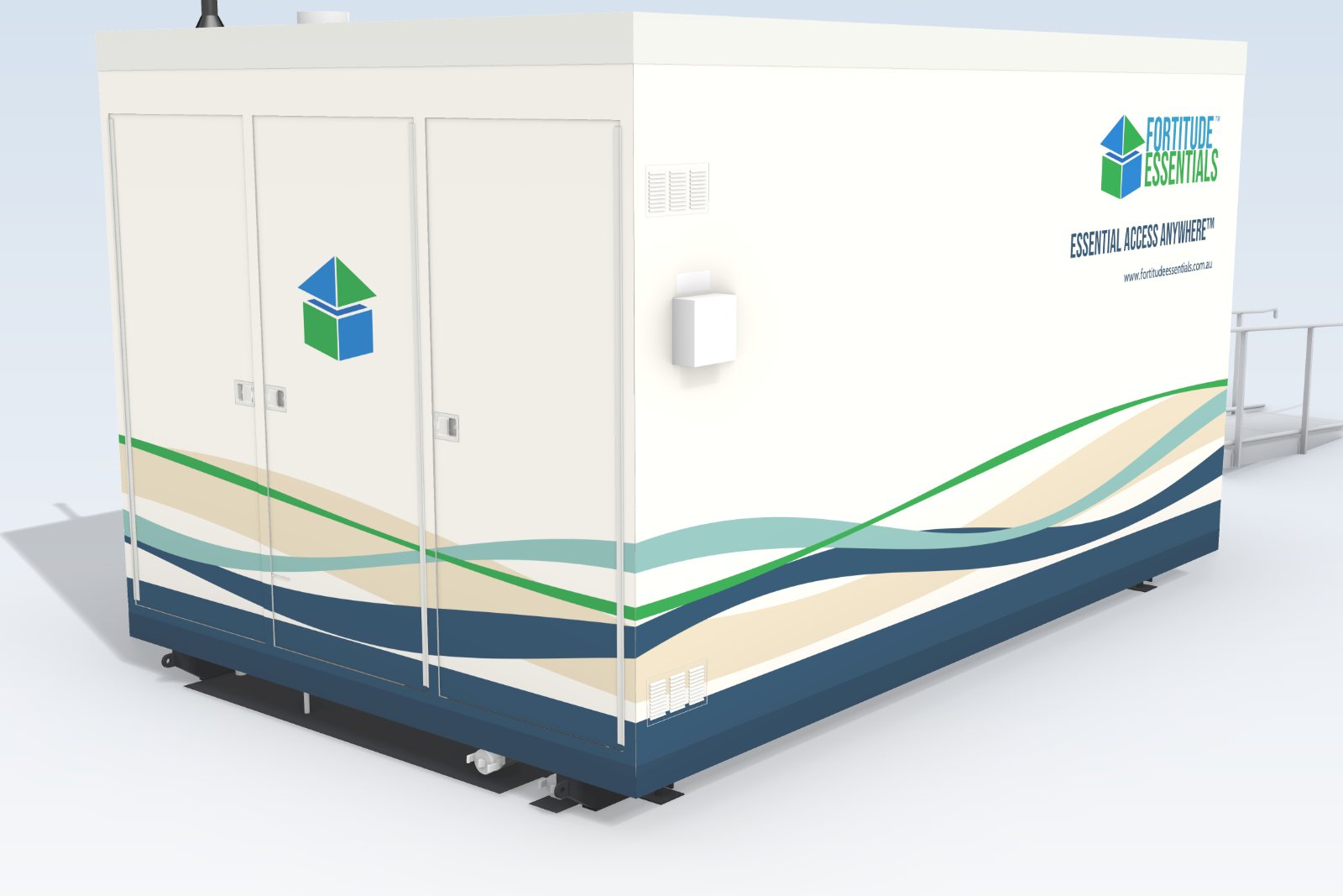 Concept image of the services side of the Adult Change Room + Shower pod, with three lockable cabinet doors and the Coastal vinyl wrap in sand, sea glass, deep sea and green bands