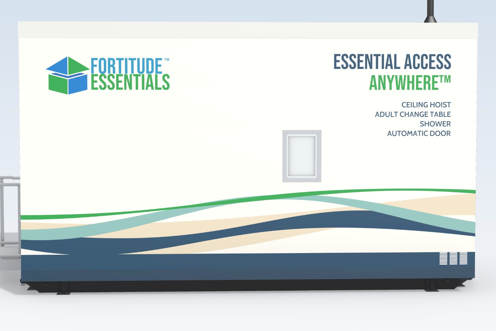 Concept image of the long side of the Adult Change Room + Shower pod, with the Fortitude Essentials logo, the Essential Access Anywhere tagline, the frosted window and the Coastal vinyl wrap