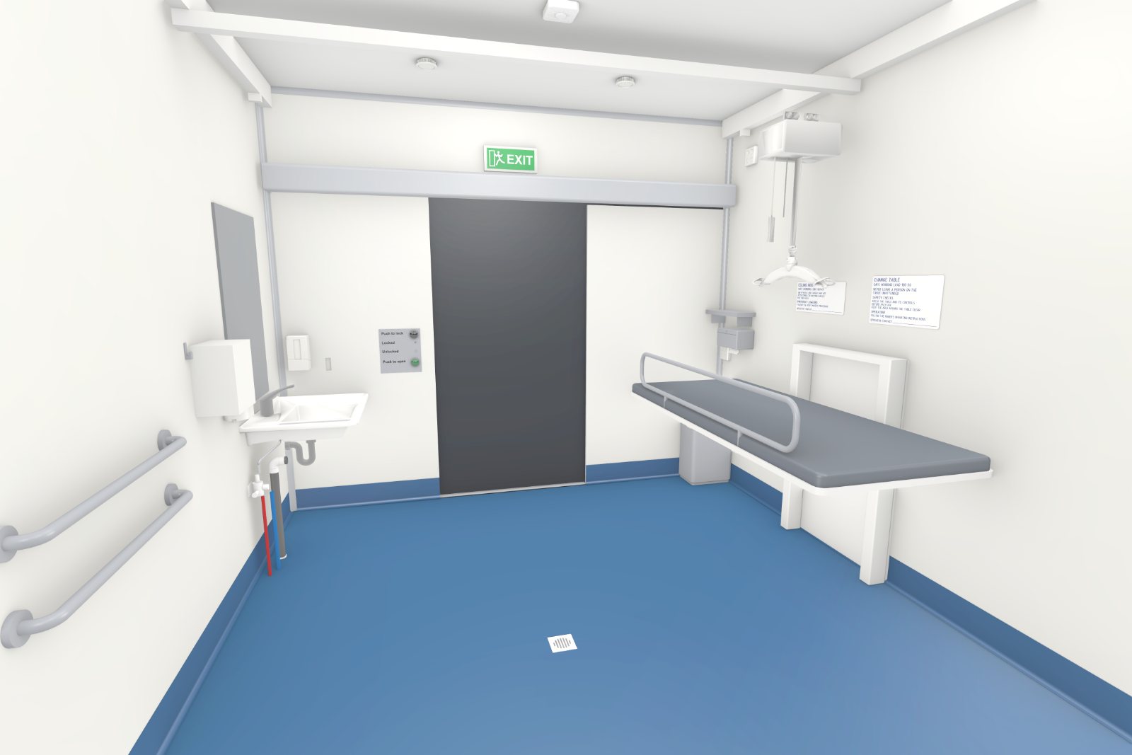 Concept image inside the Adult Change Room + Shower pod looking towards the automatic sliding door, with the adult change table, the ceiling hoist above and the basin