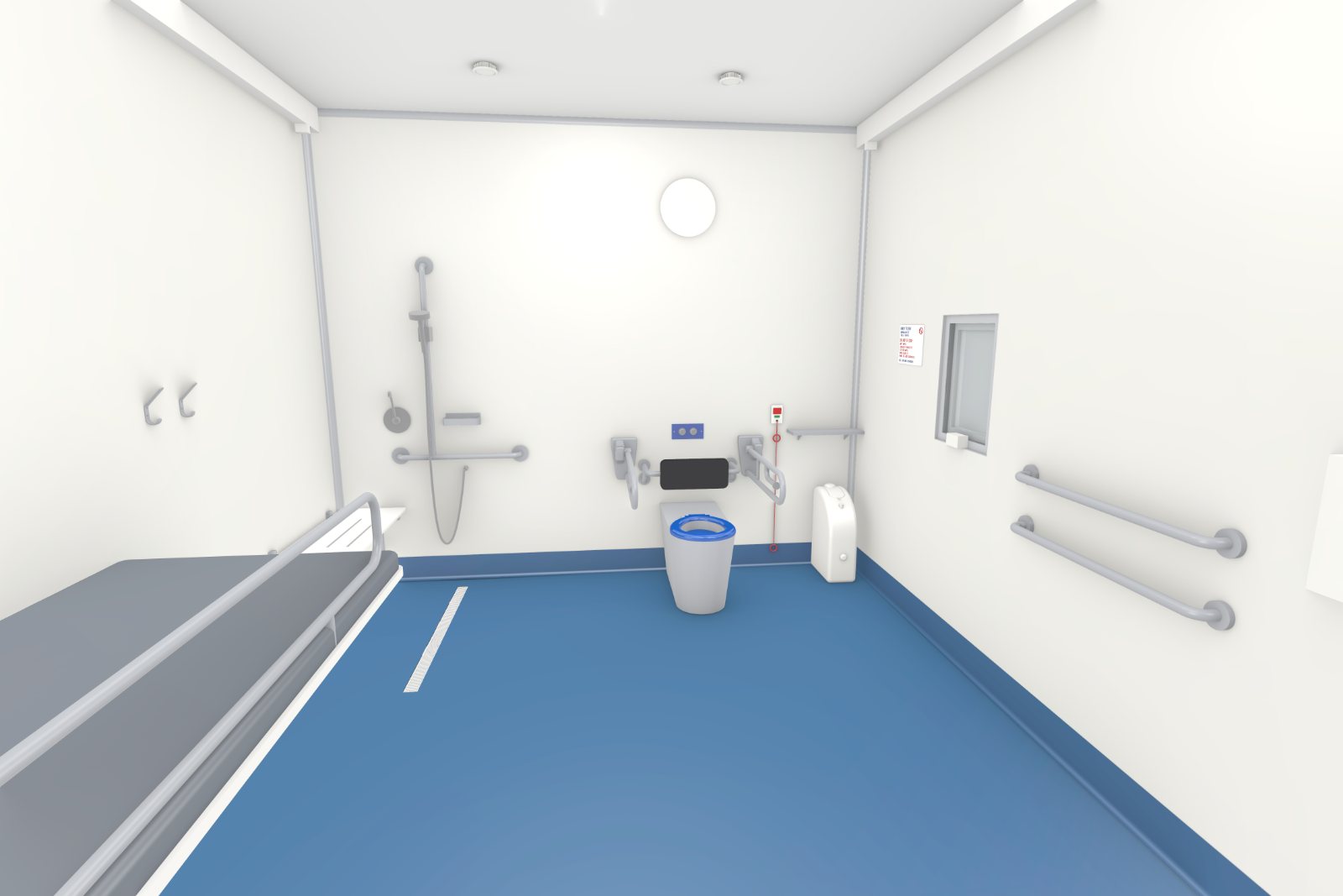 Concept image inside the Adult Change Room + Shower pod looking towards the peninsula toilet with drop-down grab rails, the frosted window and the change table