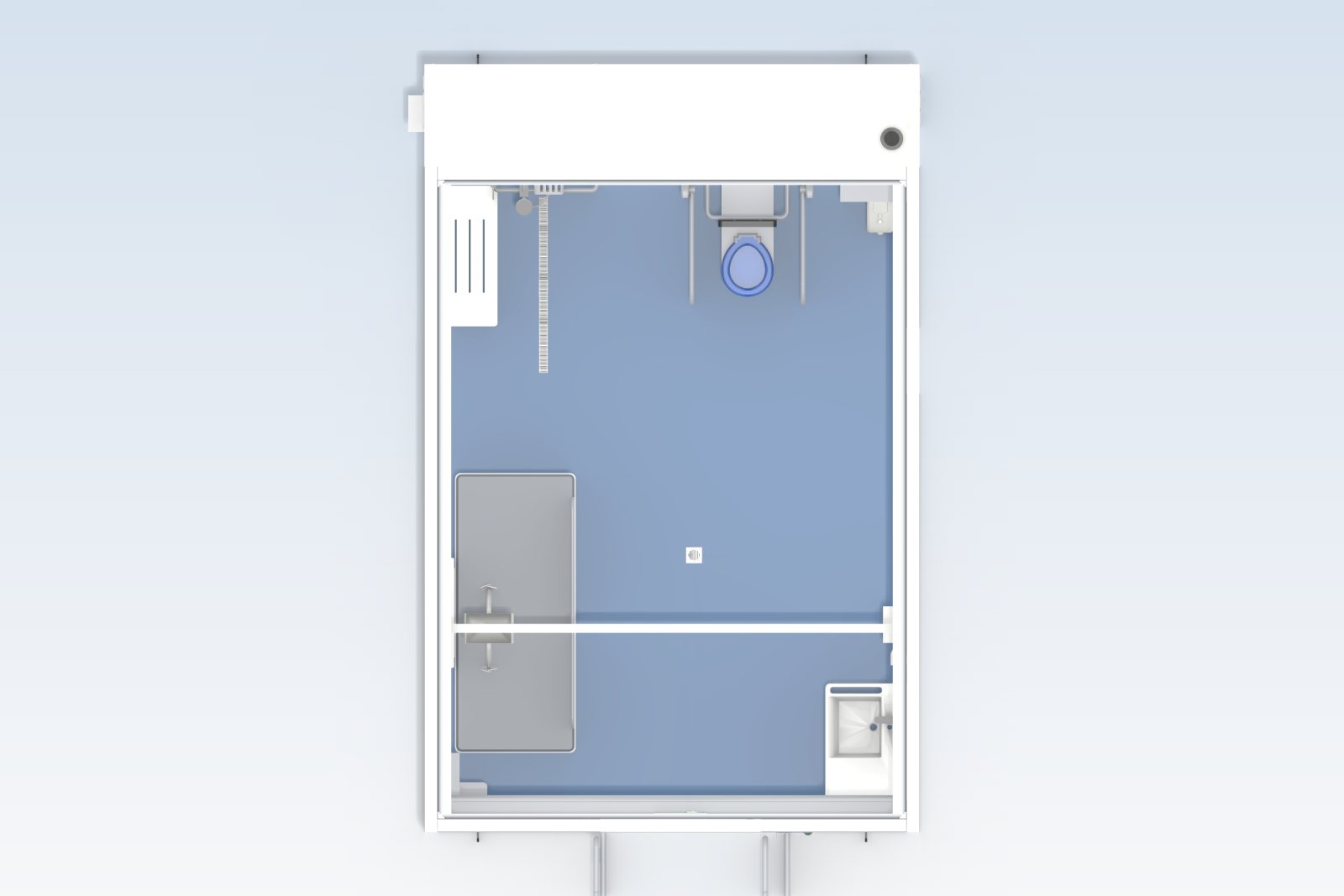 Concept image looking straight down into the Adult Change Room + Shower pod with the roof removed, showing the layout of the change table, toilet, basin and door