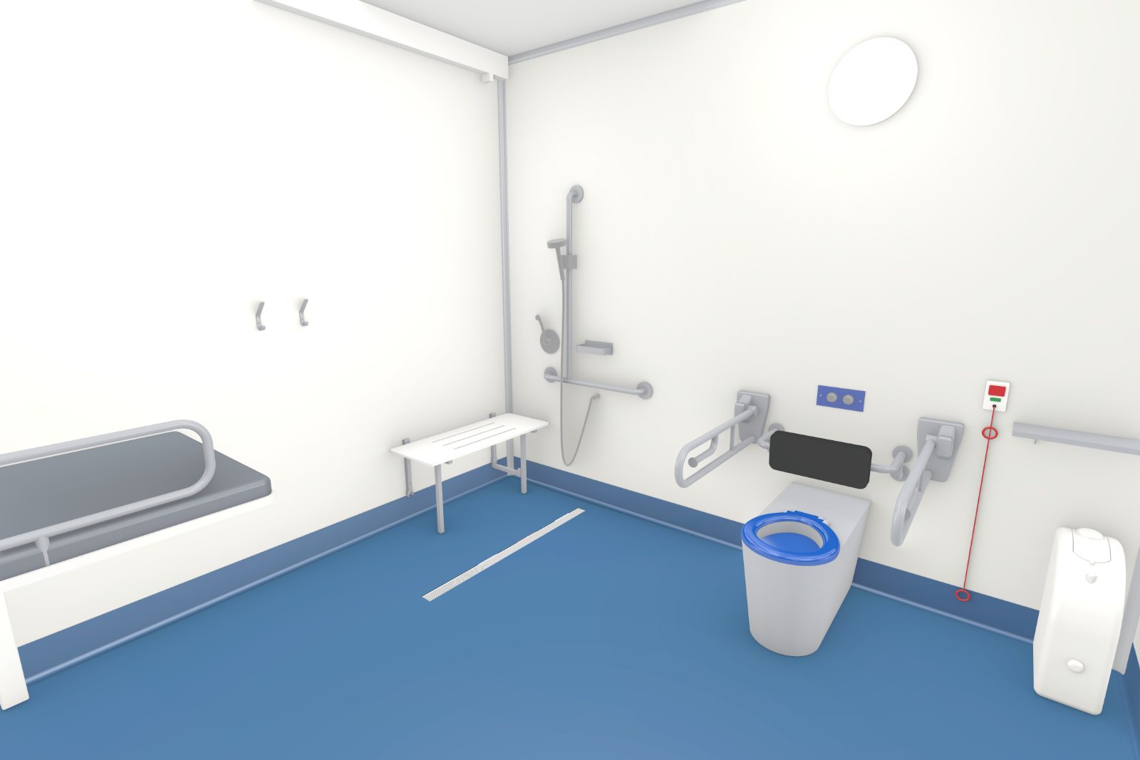 Concept image of the shower area in the Adult Change Room + Shower pod, with the folding shower seat, hand-held shower head on a slide rail, grab rails and the toilet