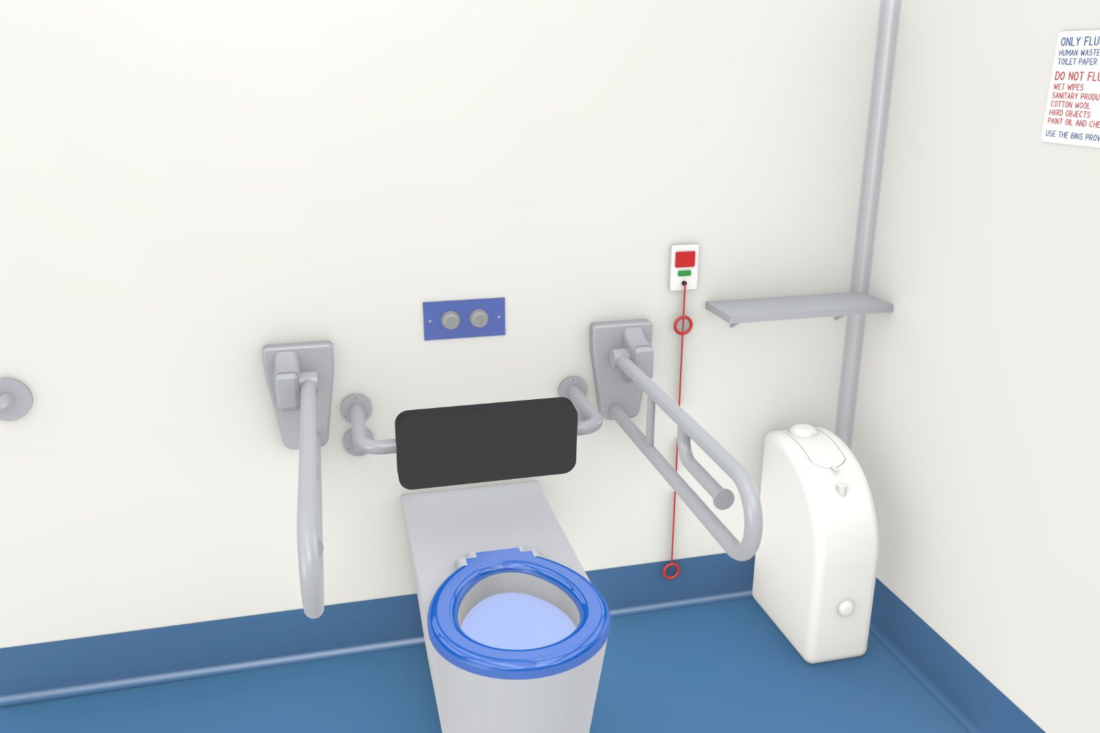 Concept image of the peninsula toilet in the Adult Change Room + Shower pod, with backrest, drop-down grab rails on both sides and the emergency call pull cord
