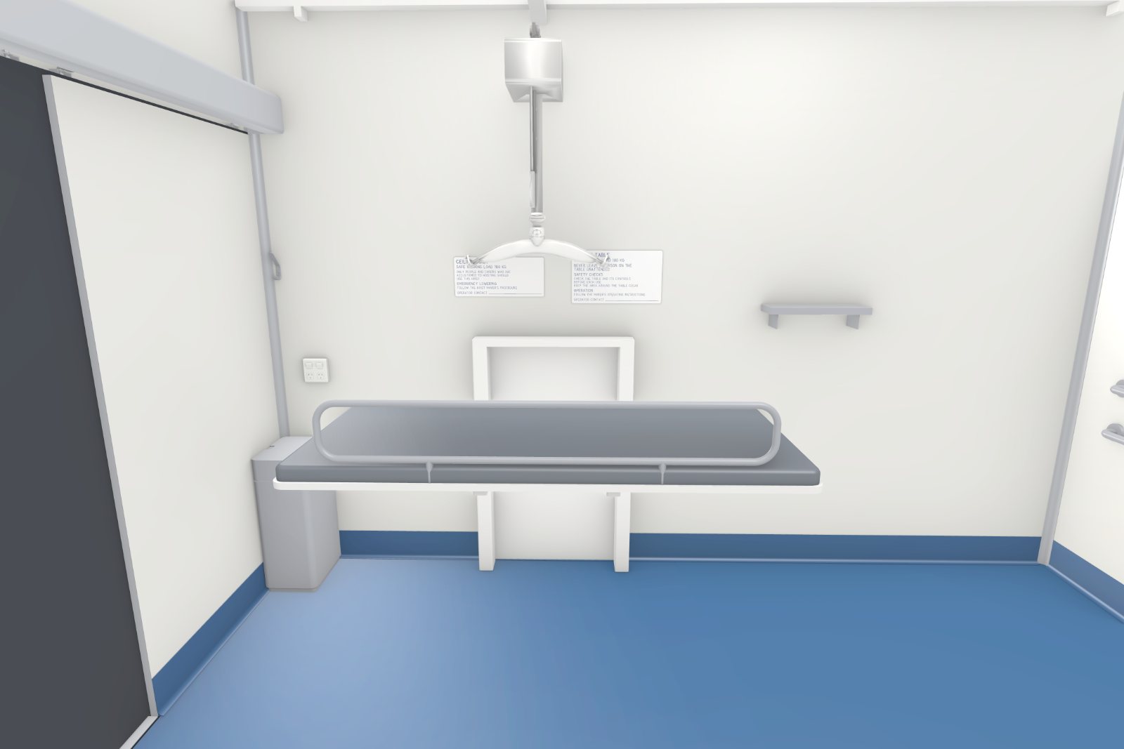 Concept image of the wall-mounted adult change table and the ceiling hoist inside the Accessible Adult Change Facility pod