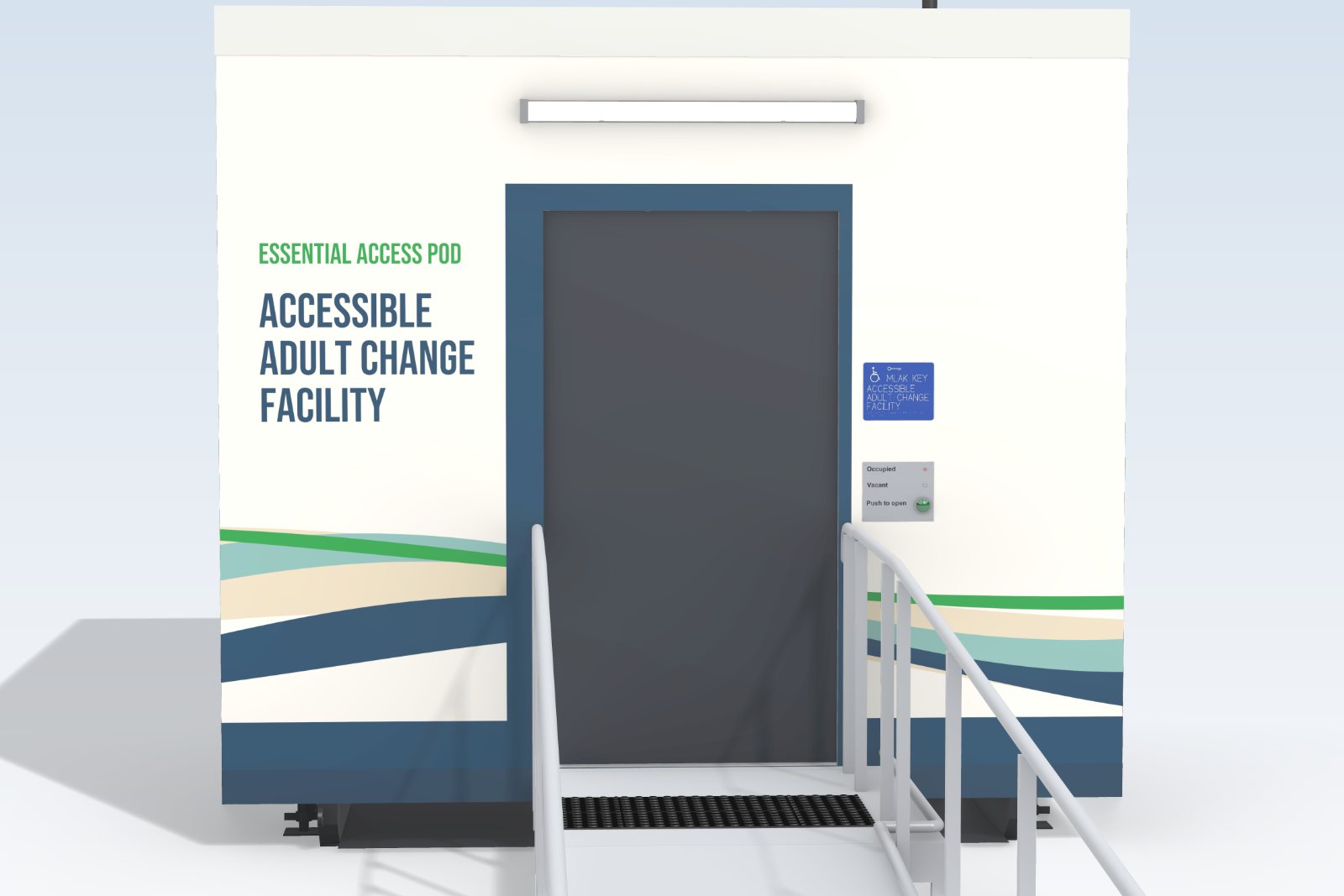 Concept image of the entry to the Accessible Adult Change Facility pod, with the ramp and landing, handrails, tactile indicators, the door control panel and the room name beside the door