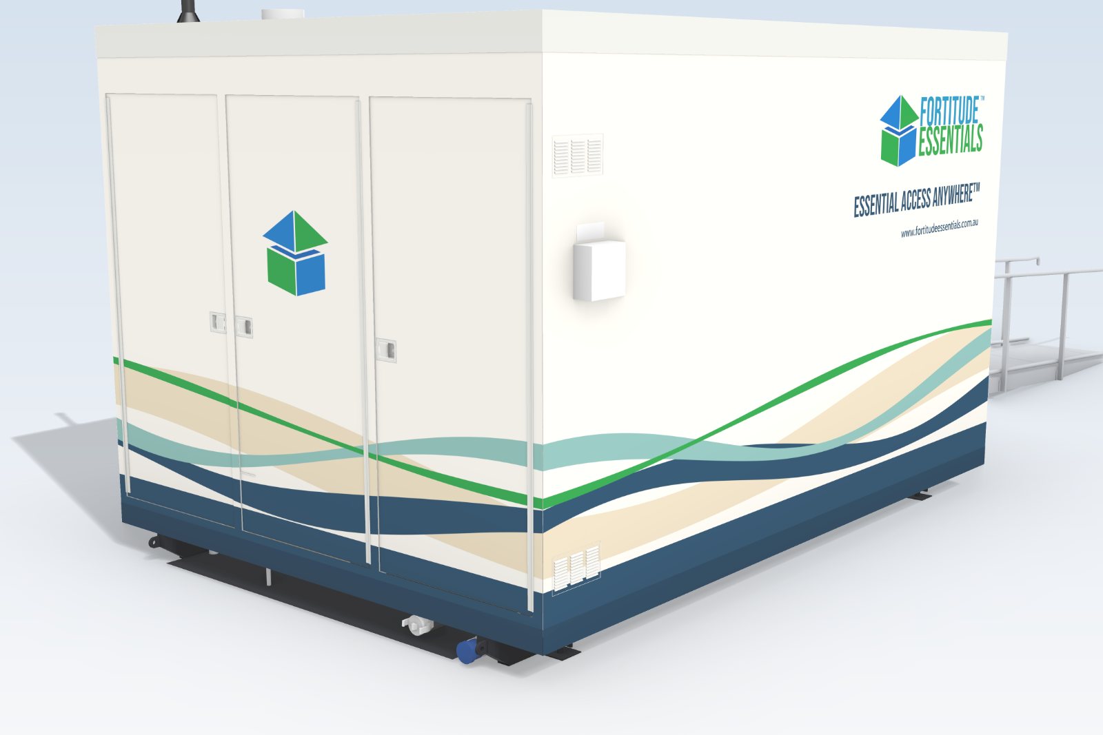Concept image of the services side of the Accessible Adult Change Facility pod, with three lockable cabinet doors and the Coastal vinyl wrap in sand, sea glass, deep sea and green bands