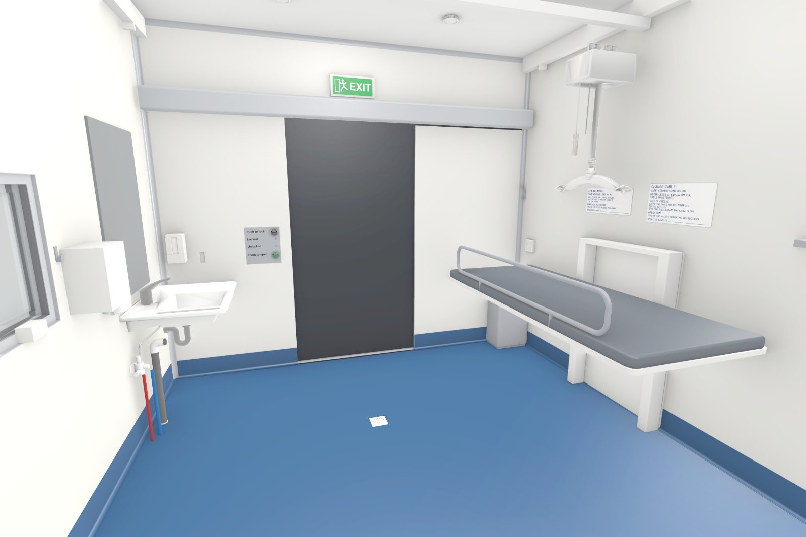 Concept image inside the Accessible Adult Change Facility pod looking towards the automatic sliding door, with the adult change table, the ceiling hoist above and the basin