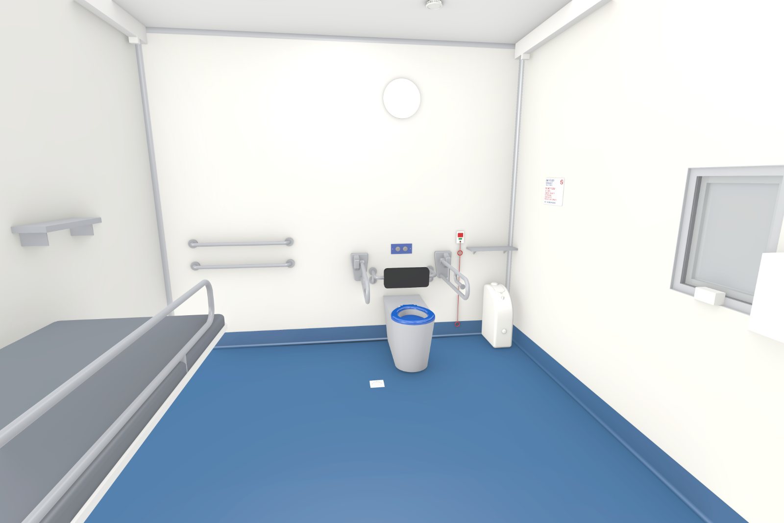 Concept image inside the Accessible Adult Change Facility pod looking towards the peninsula toilet with drop-down grab rails, the frosted window and the change table