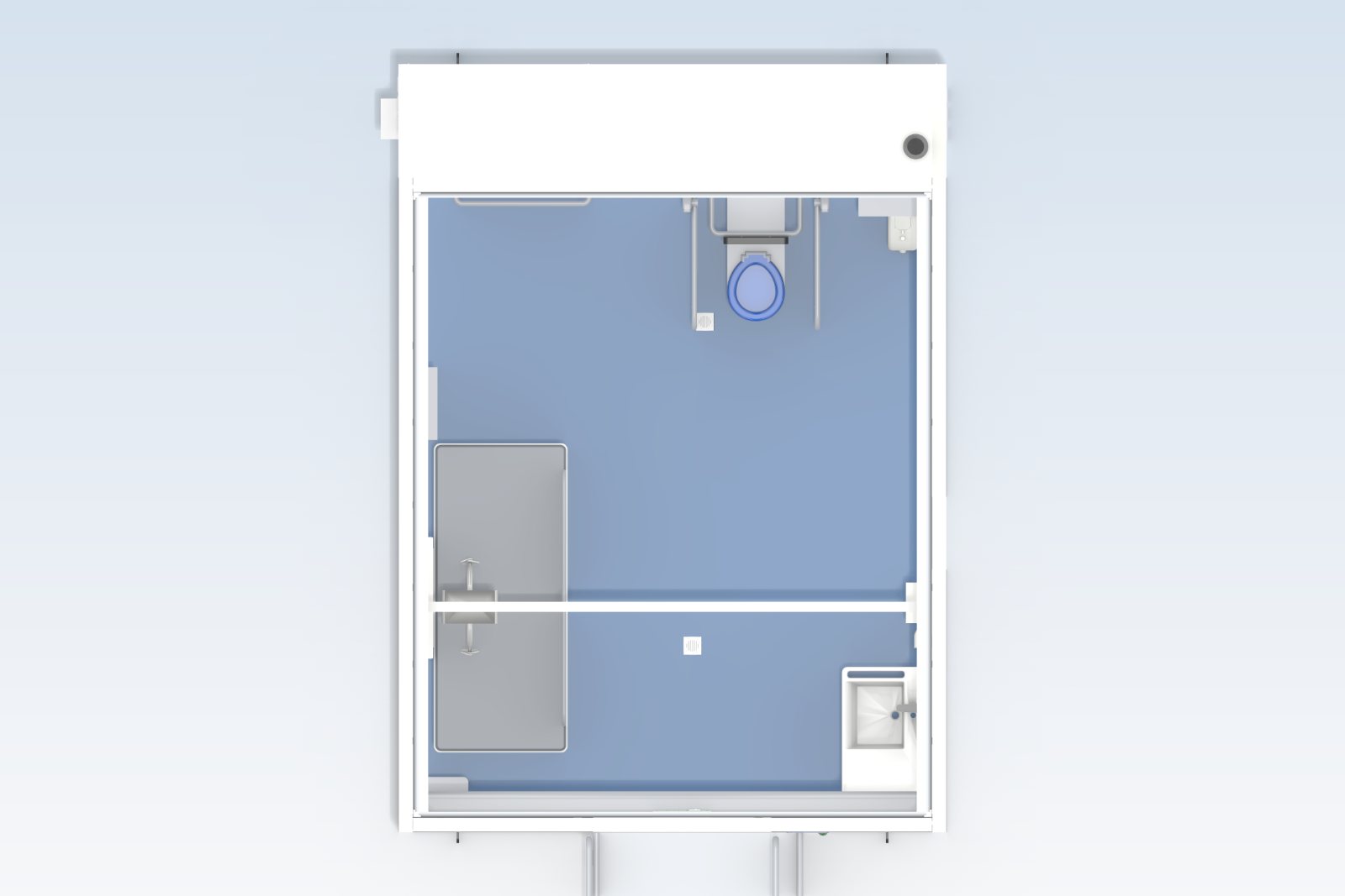 Concept image looking straight down into the Accessible Adult Change Facility pod with the roof removed, showing the layout of the change table, toilet, basin and door