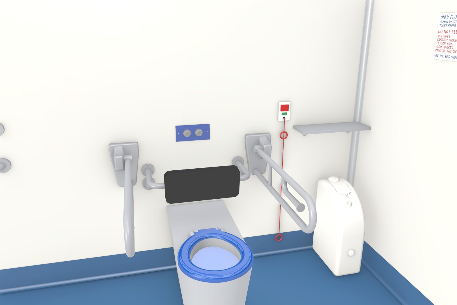 Concept image of the peninsula toilet in the Accessible Adult Change Facility pod, with backrest, drop-down grab rails on both sides and the emergency call pull cord