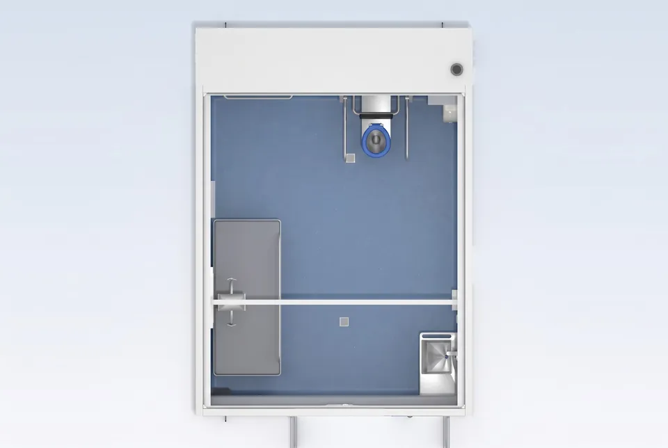 Concept render of the Fortitude Essentials Essential Access Pod, accessible adult change facility, cutaway plan view.
