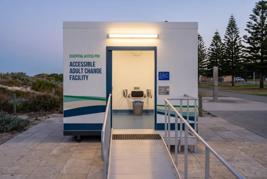 Essential Access Pod Accessible Adult Change Facility on a beachfront reserve at dusk, rendered image
