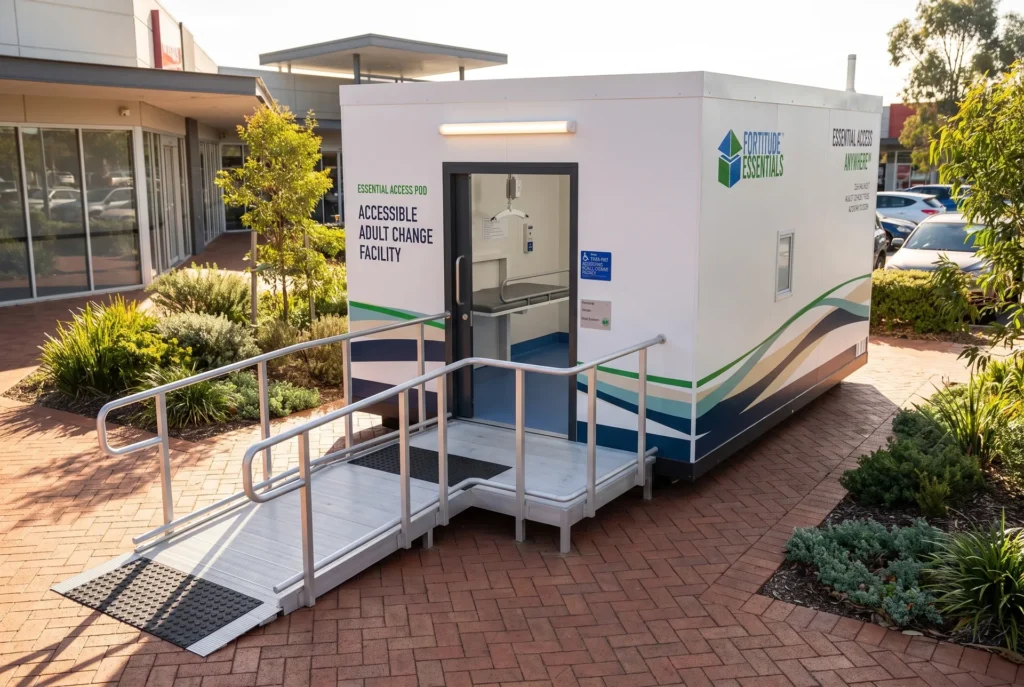 Concept render of the Fortitude Essentials Essential Access Pod, accessible adult change facility, exterior front right at a shopping centre plaza.