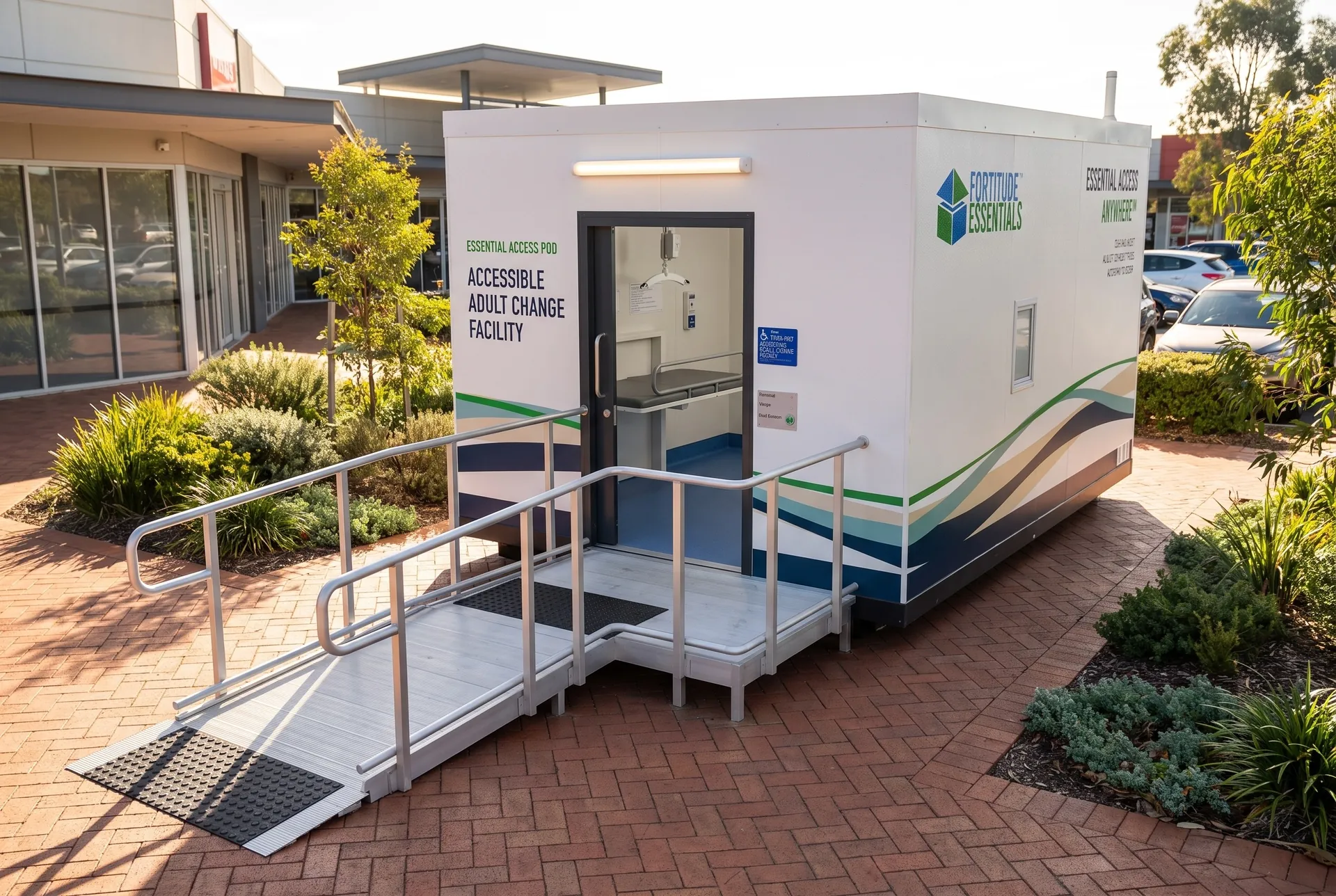 Concept render of the Fortitude Essentials Essential Access Pod, accessible adult change facility, exterior front right at a shopping centre plaza.