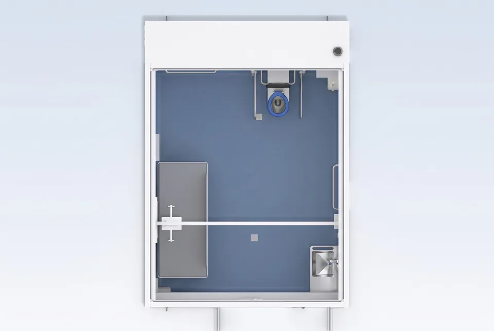 Concept render of the Fortitude Essentials Essential Access Pod, adult change room, cutaway plan view.