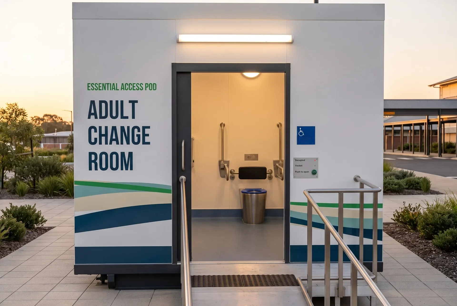 Concept render of the Fortitude Essentials Essential Access Pod, adult change room, entrance ramp and landing at a health campus at dusk.