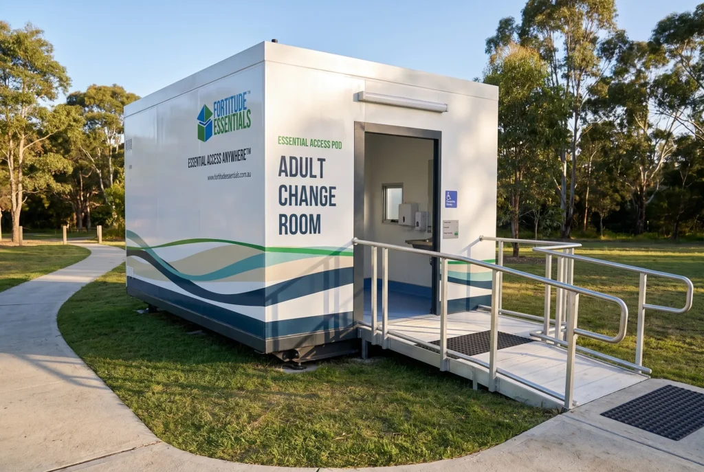 Concept render of the Fortitude Essentials Essential Access Pod, adult change room, exterior front left in a suburban park.
