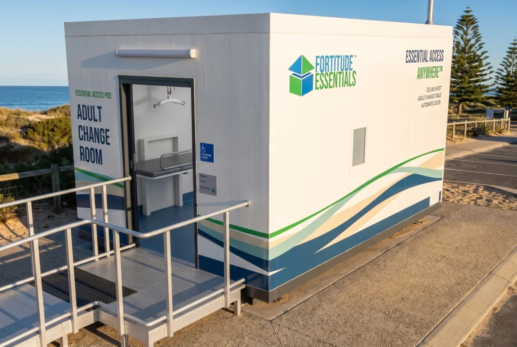 Concept render of the Fortitude Essentials Essential Access Pod, adult change room, exterior front right at a beachfront reserve.