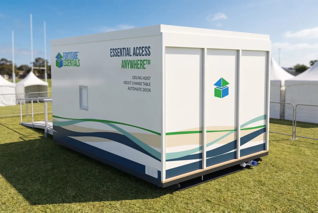 Concept render of the Fortitude Essentials Essential Access Pod, adult change room, exterior rear right at a community event.