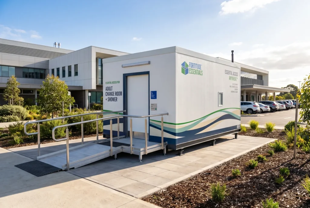 Concept render of the Fortitude Essentials Essential Access Pod, adult change room with shower, aerial view at a health campus.