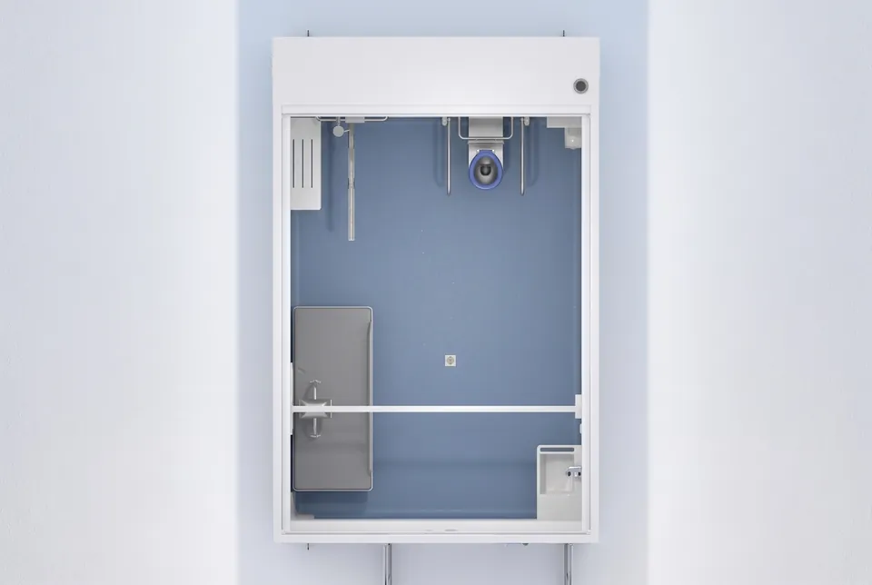 Concept render of the Fortitude Essentials Essential Access Pod, adult change room with shower, cutaway plan view.