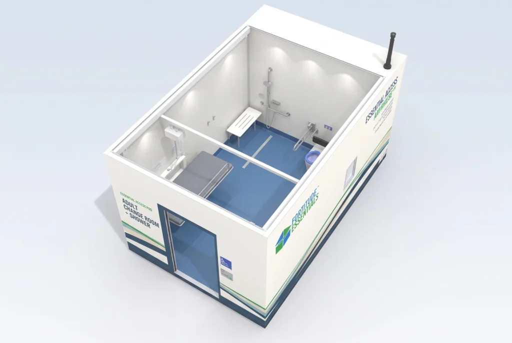 Concept render of the Fortitude Essentials Essential Access Pod, adult change room with shower, cutaway three-quarter view from above.