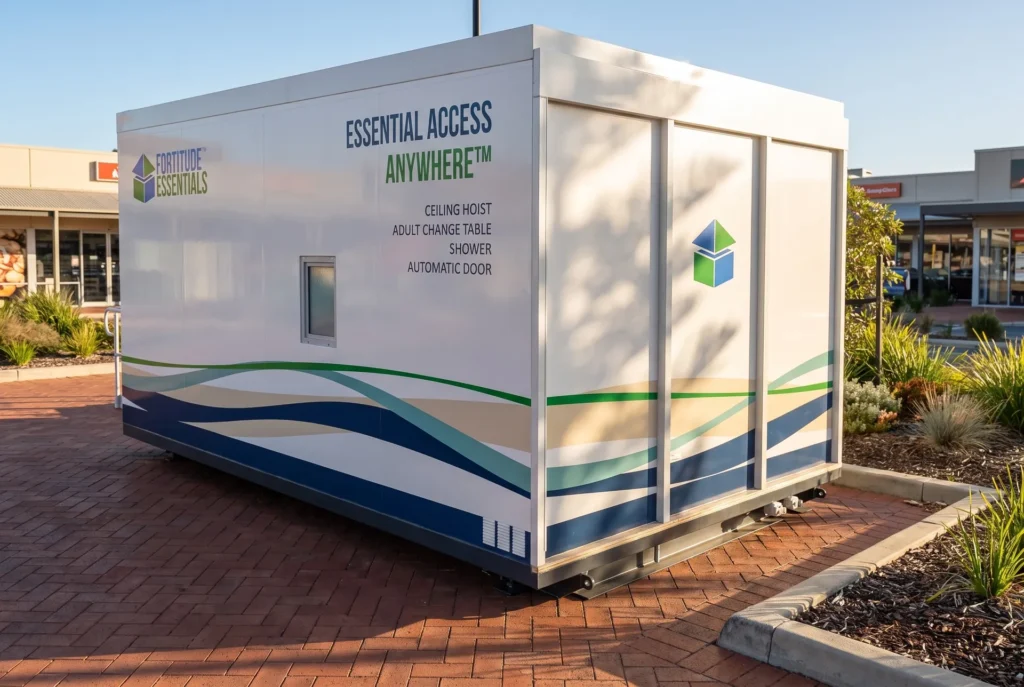 Concept render of the Fortitude Essentials Essential Access Pod, adult change room with shower, exterior rear right at a shopping centre plaza.