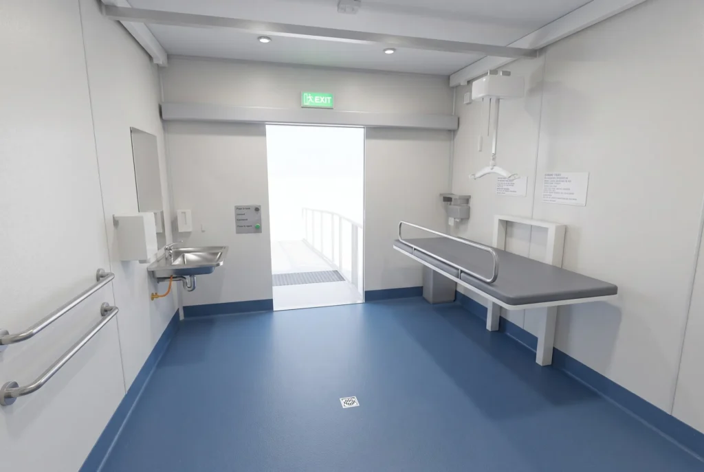 Concept render of the Fortitude Essentials Essential Access Pod, adult change room with shower, interior change table and door.