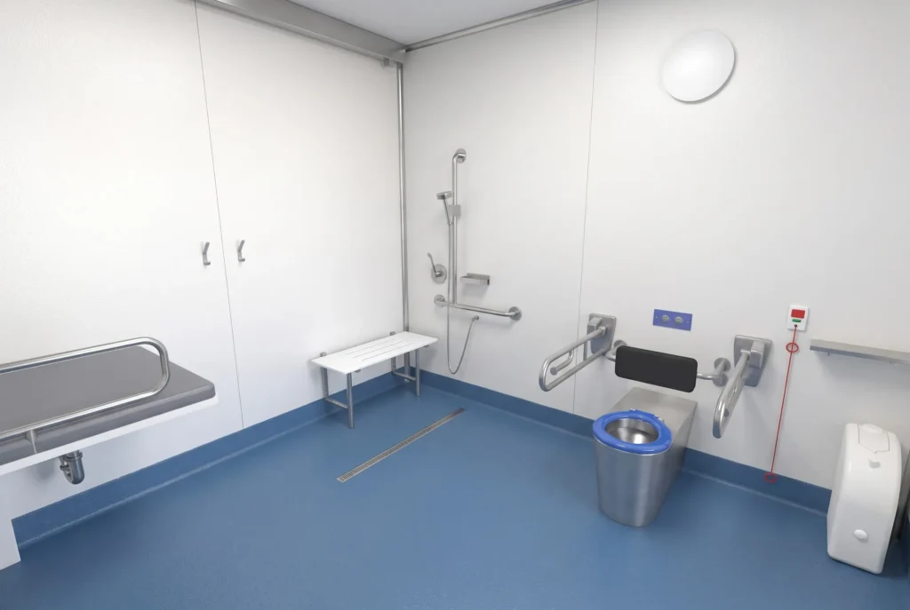 Concept render of the Fortitude Essentials Essential Access Pod, adult change room with shower, shower area.