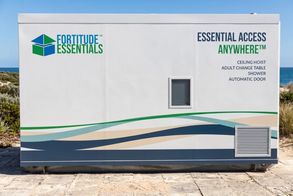 Concept render of the Fortitude Essentials Essential Access Pod, adult change room with shower, side view at a beachfront reserve.