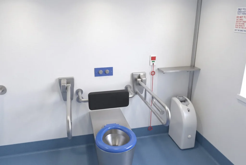 Concept render of the Fortitude Essentials Essential Access Pod, adult change room with shower, toilet and grab rails.