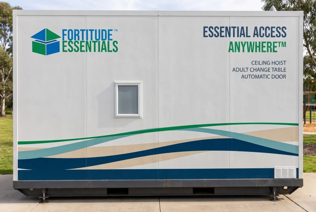 Concept render of the Fortitude Essentials Essential Access Pod, adult change room, side view in a suburban park.